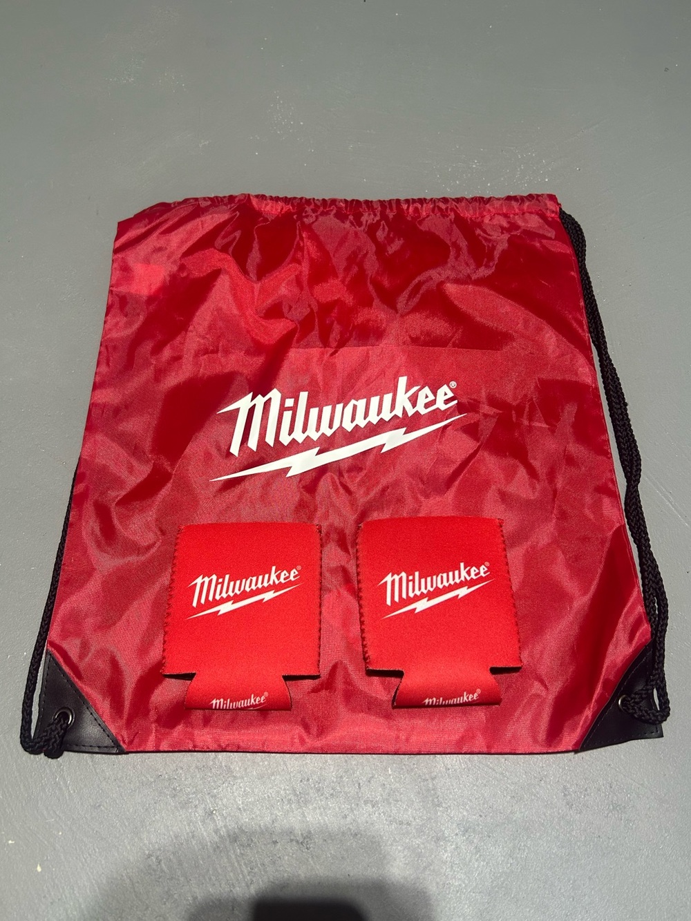 Milwuakee Tool Red Drawstring Bag & (2) Drink Coozies